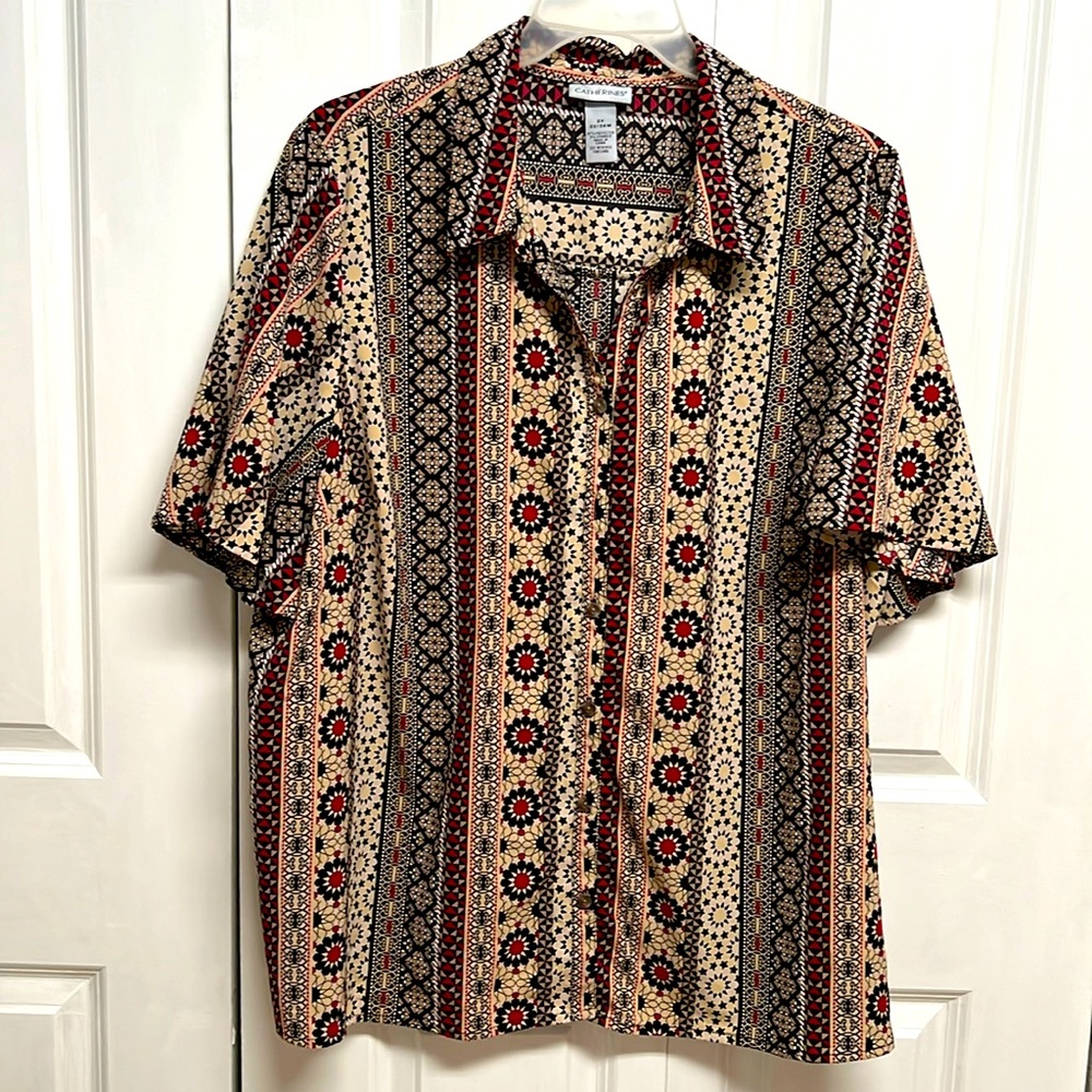 Catherines Multi Color Print Short Sleeve Collar Top Plus Size 3X